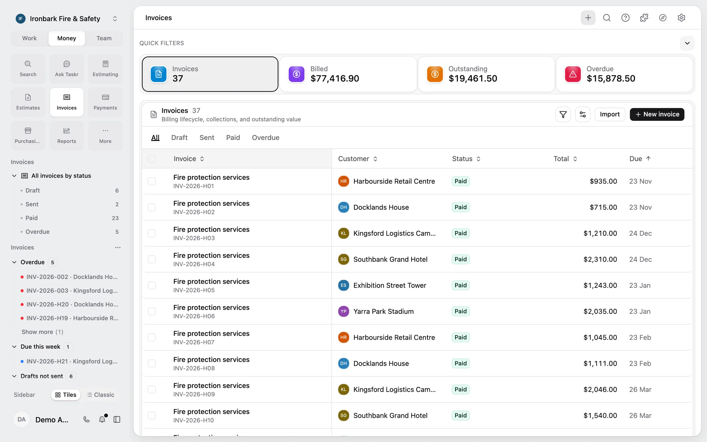 Taskr invoices list with paid, due and overdue invoices