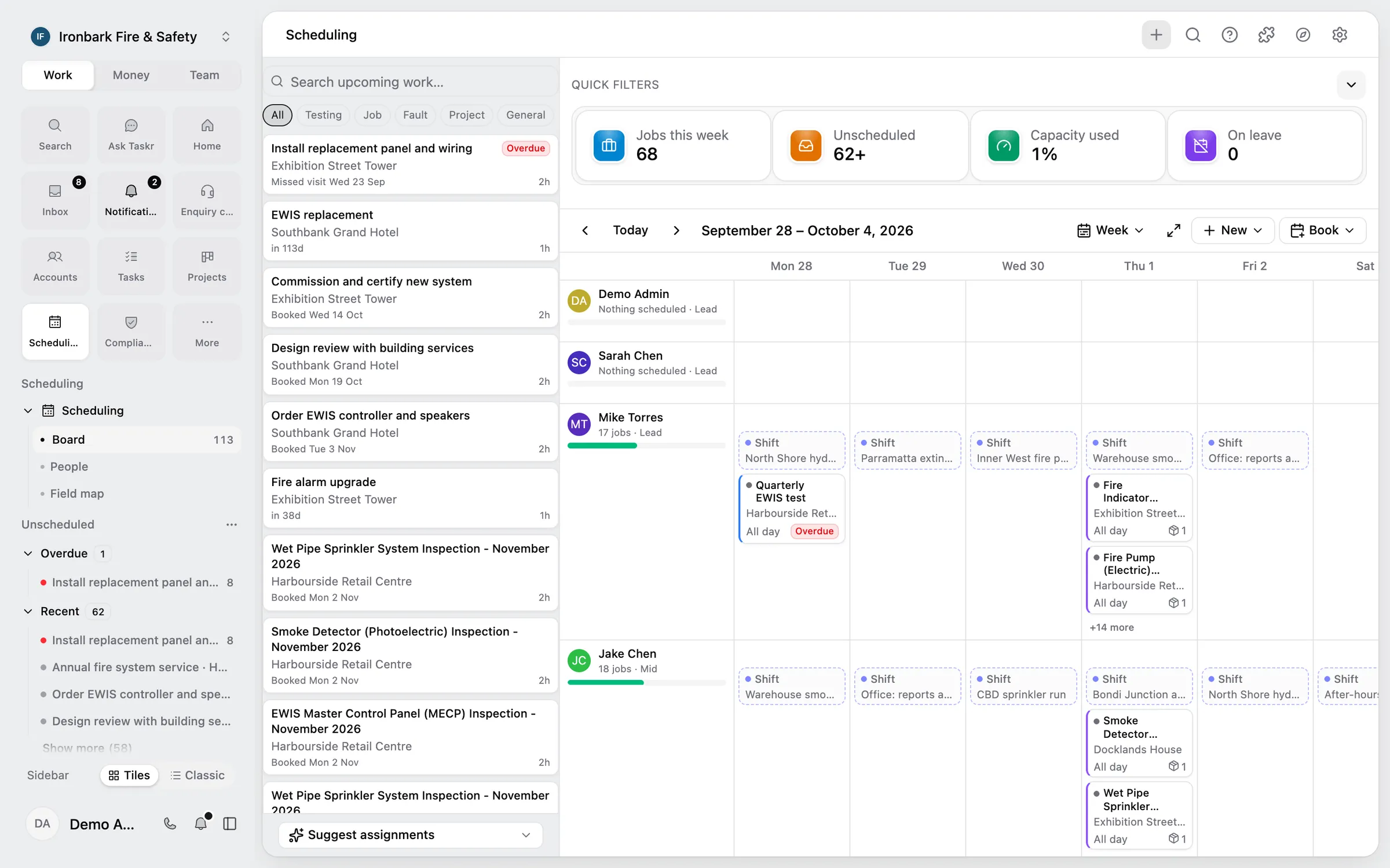 Taskr scheduling board with a week of jobs spread across four technicians